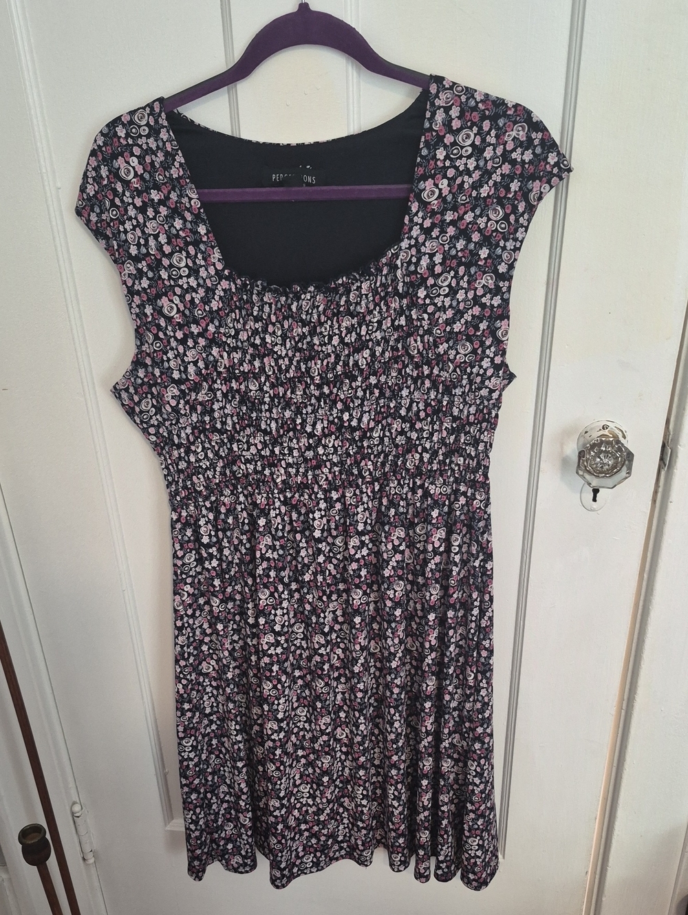 Perceptions Navy Blue Floral Smocked Midi Dress with Pink and White Blooms